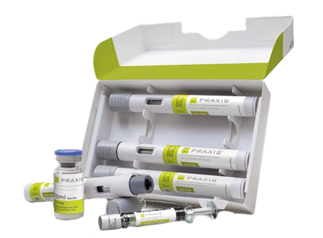 Vials and Auto-Injector pens with Praxis label in a custom kit
